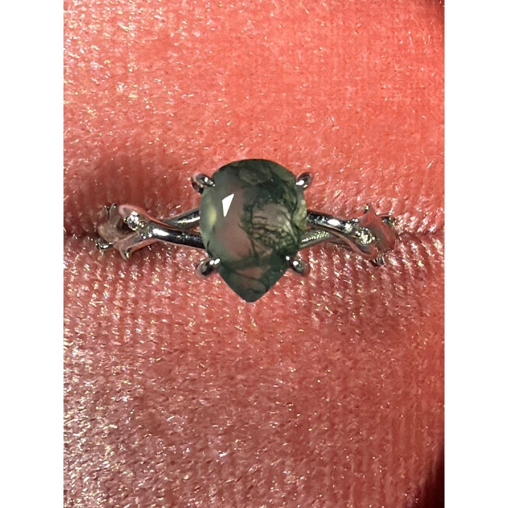 WCYS 10k White Gold Moss Green Agate Diamond Pear Vine Engagement Ring Size 6